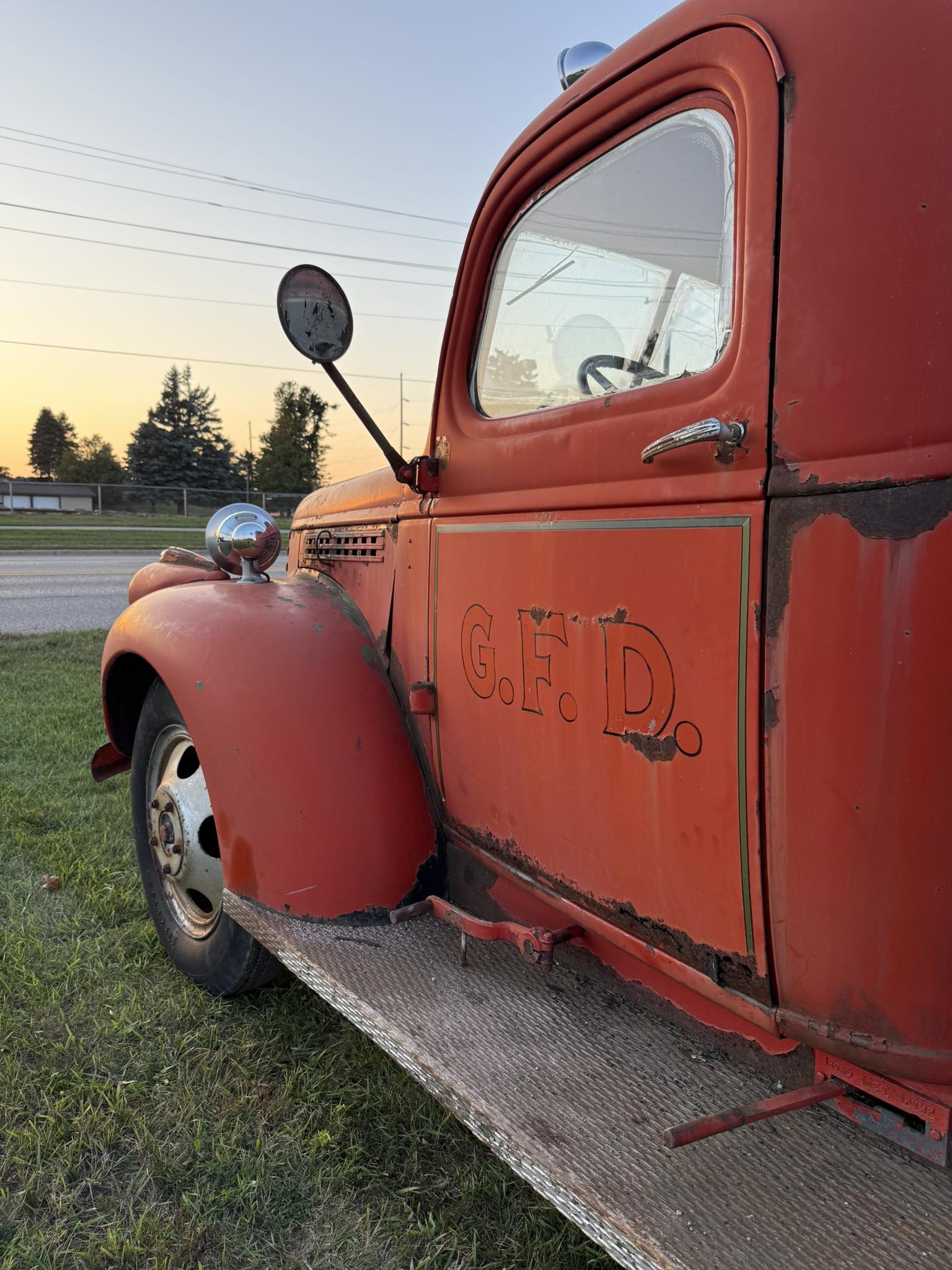 1942 G.F.D. Chevrolet fire truck at sunset